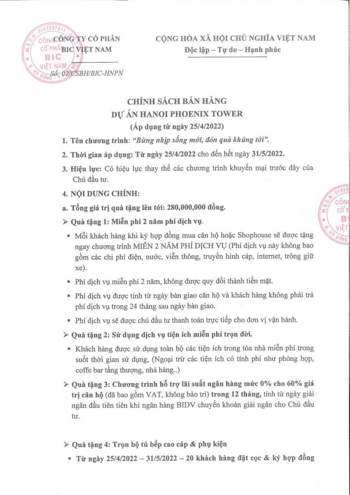 Chính sách bán hàng tháng 5/2022 Hanoi Phoenix Tower Cao Bằng